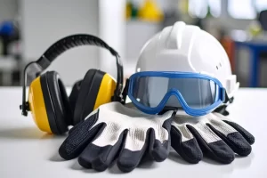 4-4 Equipamentos de segurança automotiva sobre bancada- luvas resistentes, óculos de proteção